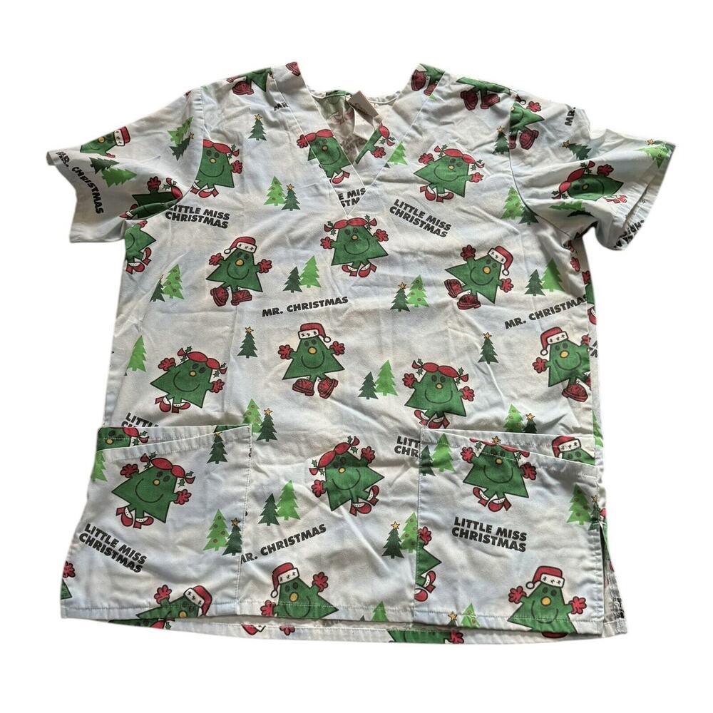 Little Miss Christmas Scrub Top Medium Women's Trees Holiday‎ Mr Men Little Miss